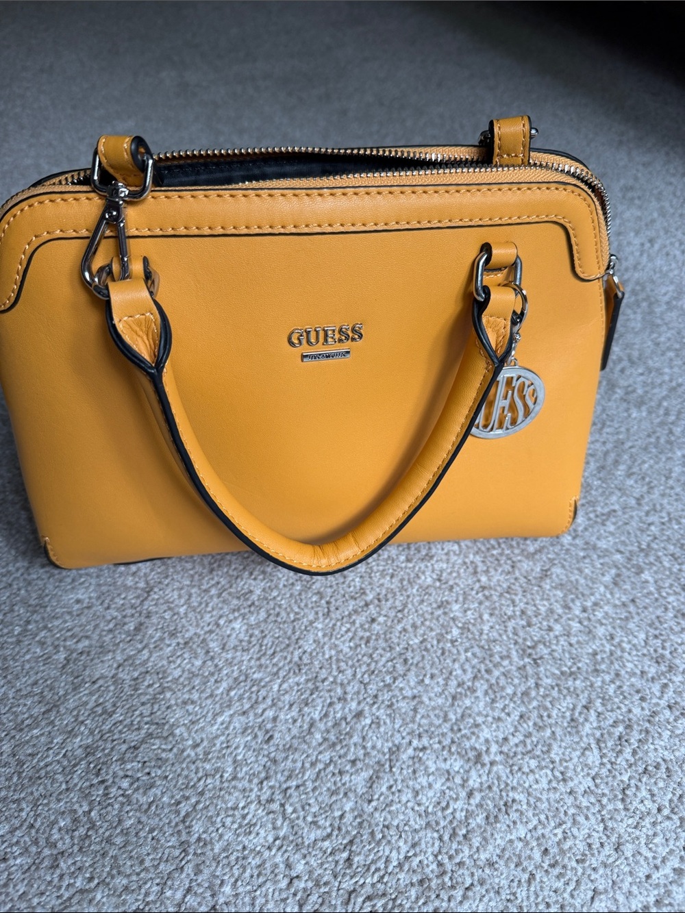 GUESS Mustard Yellow Dome Satchel with Logo Charm